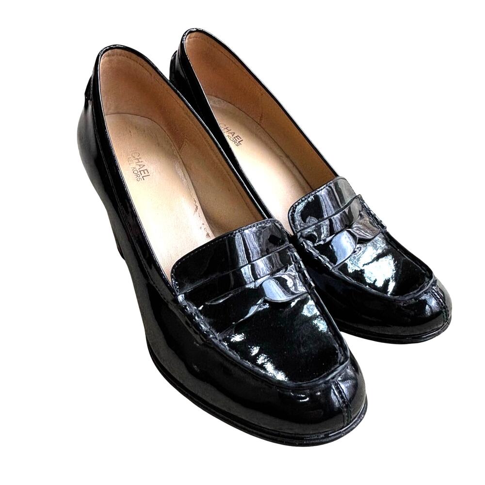 Michael Kors black patent high heel pumps US 8.5M penny loafer details preppy